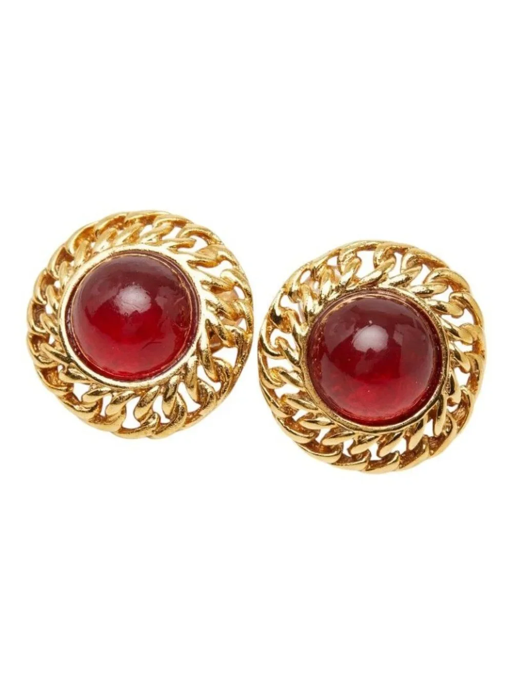 Chanel Gripoix Vintage Round Earrings Gold Red Plated Glass